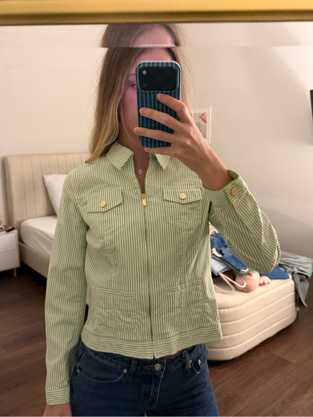 Jones New York Light Green Striped Zip Jacket